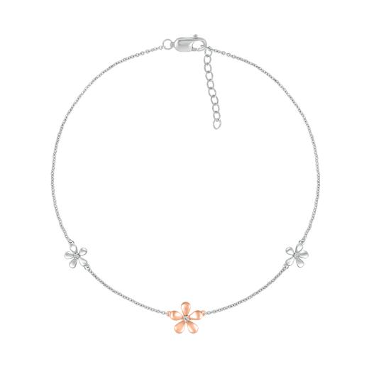 Bella Moda Sterling Silver 10K Rose Gold Diamond Flower Anklet