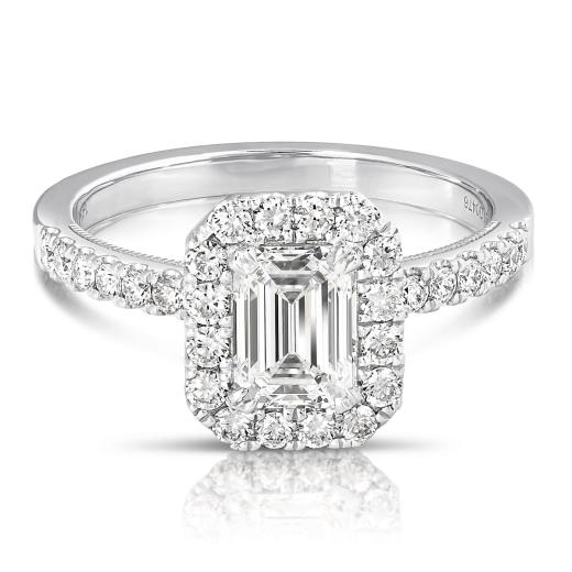 New Brilliance Lab Grown Emerald Cut Diamond Halo Ring in 14K White Gold