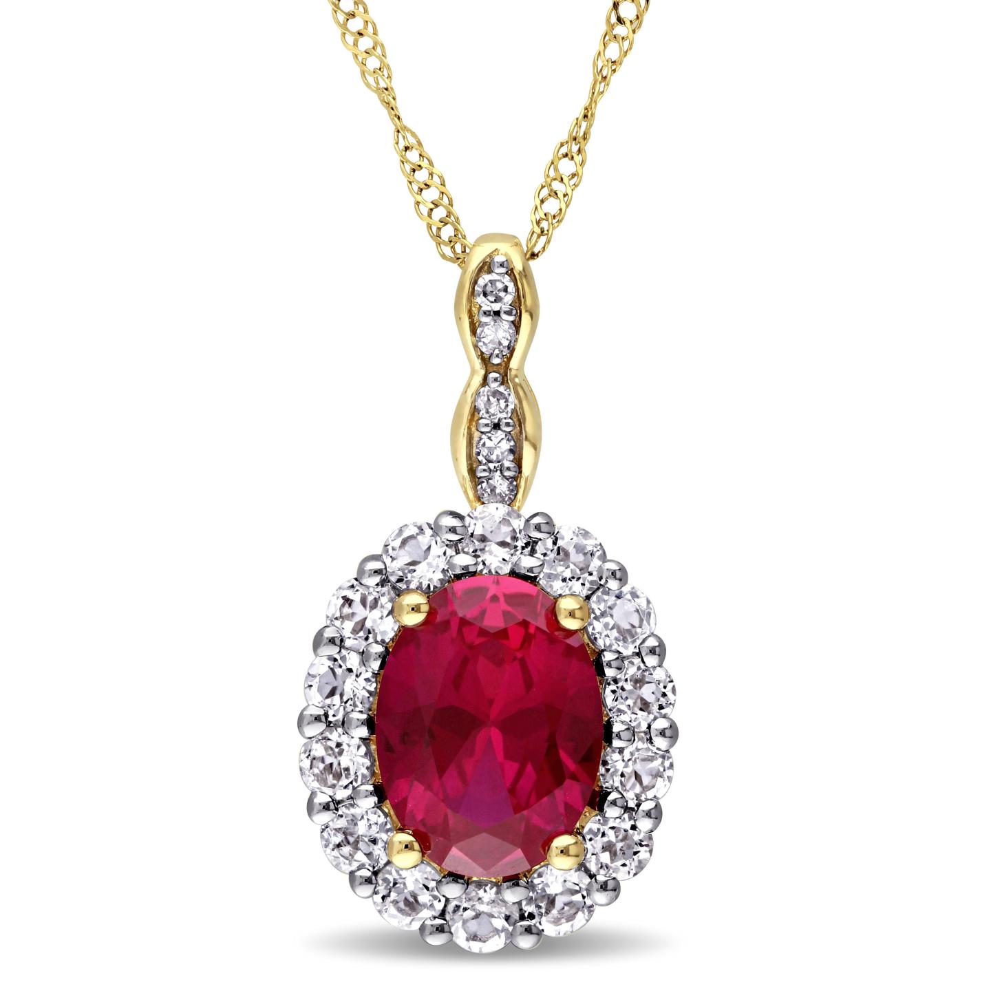 Julianna B 14k Yellow Gold Created Ruby, White Topaz & 0.03CTW Diamond Pendant