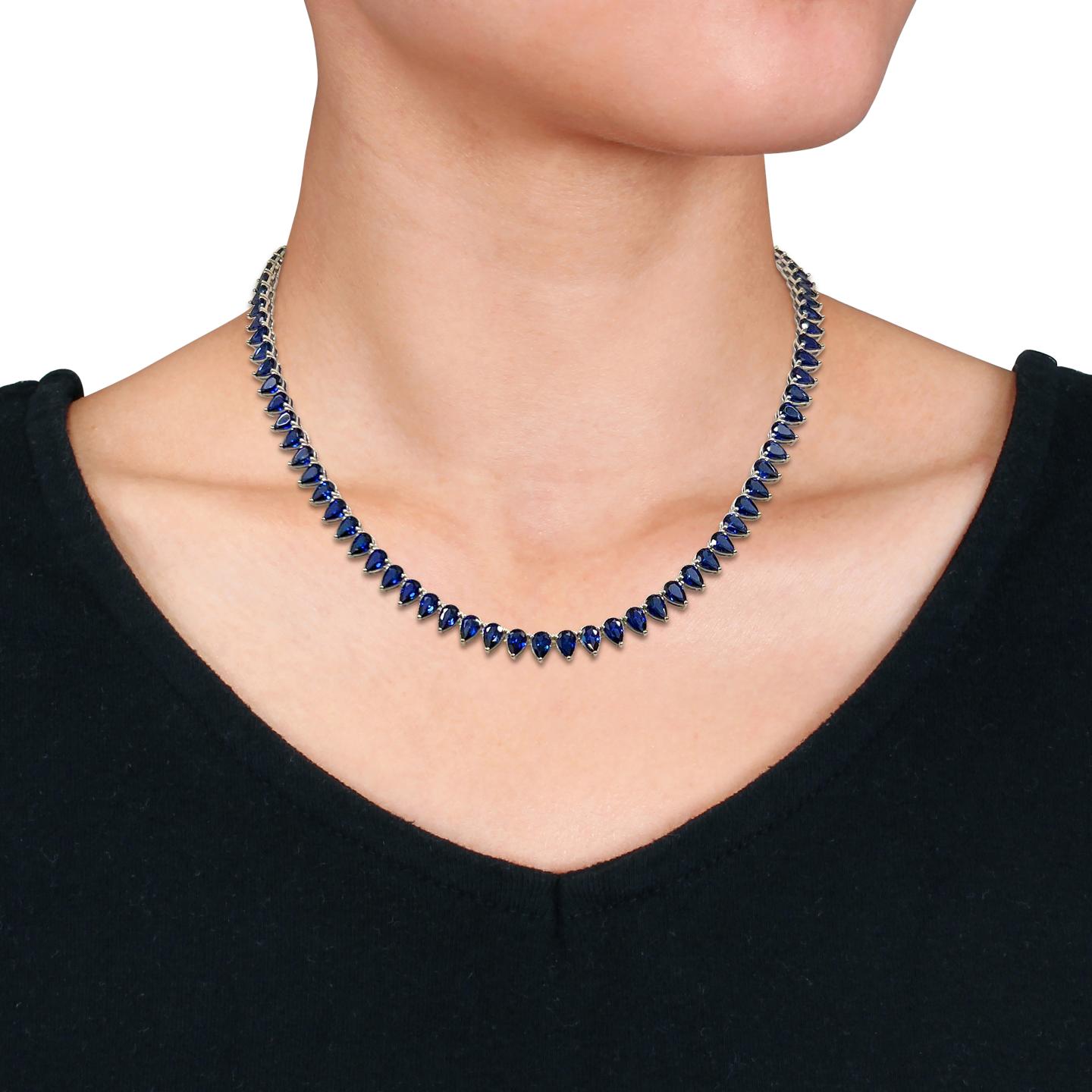Julianna B Sterling Silver Created Blue Sapphire Tennis Necklace 18