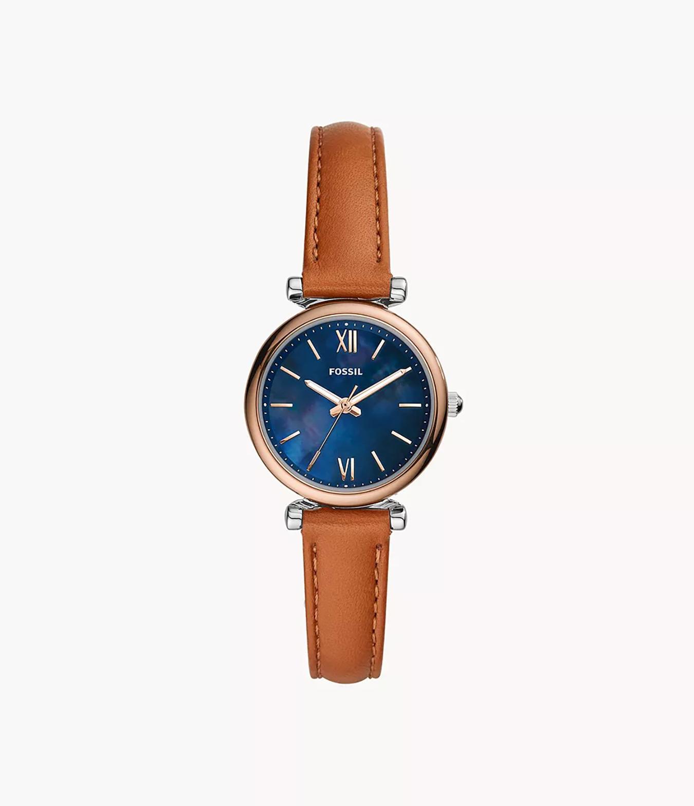 Fossil Carlie Mini 28mm Three-Hand Tan Leather Watch