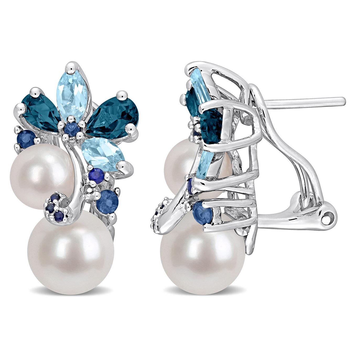Julianna B Sterling Silver Pearl, London & Sky Blue Topaz and Sapphire Earrings