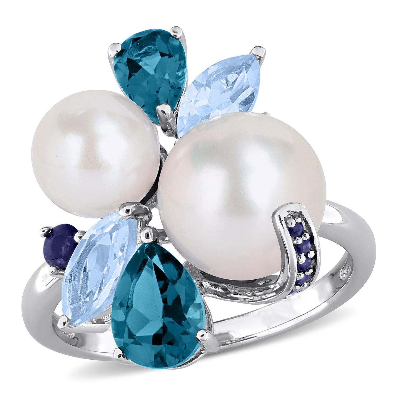 Julianna B Sterling Silver Pearl, London & Sky Blue Topaz and Sapphire Ring