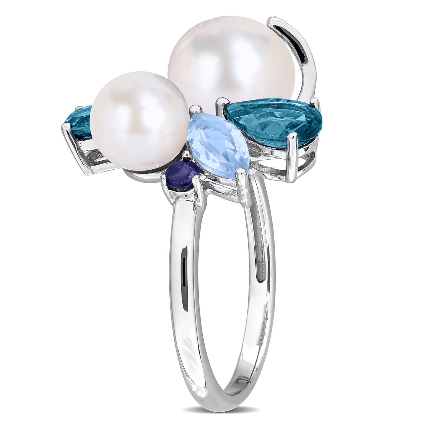 Julianna B Sterling Silver Pearl, London & Sky Blue Topaz and Sapphire Ring