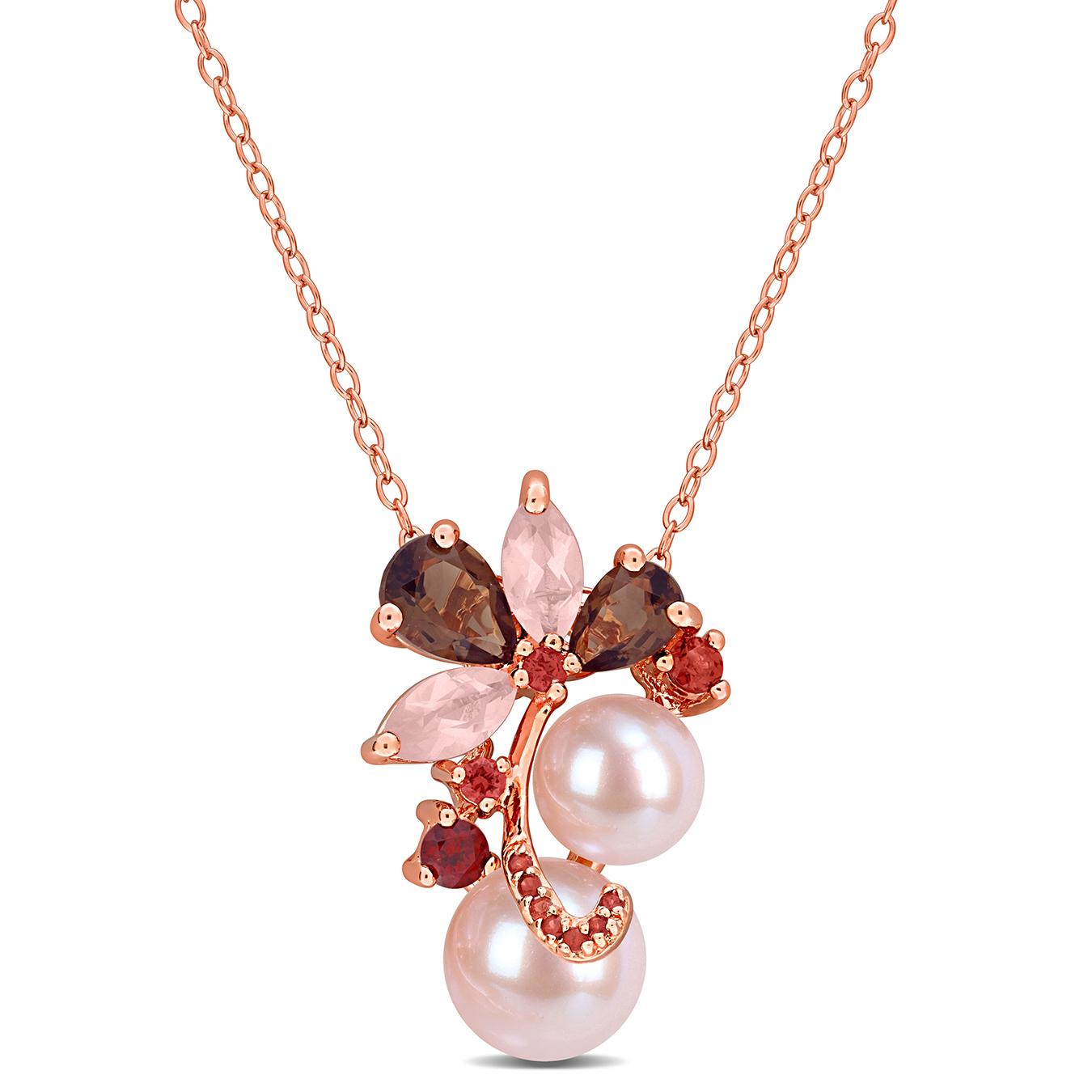 Julianna B Pink Plated Sterling Silver Pearl, Smokey Quartz & Garnet Pendant
