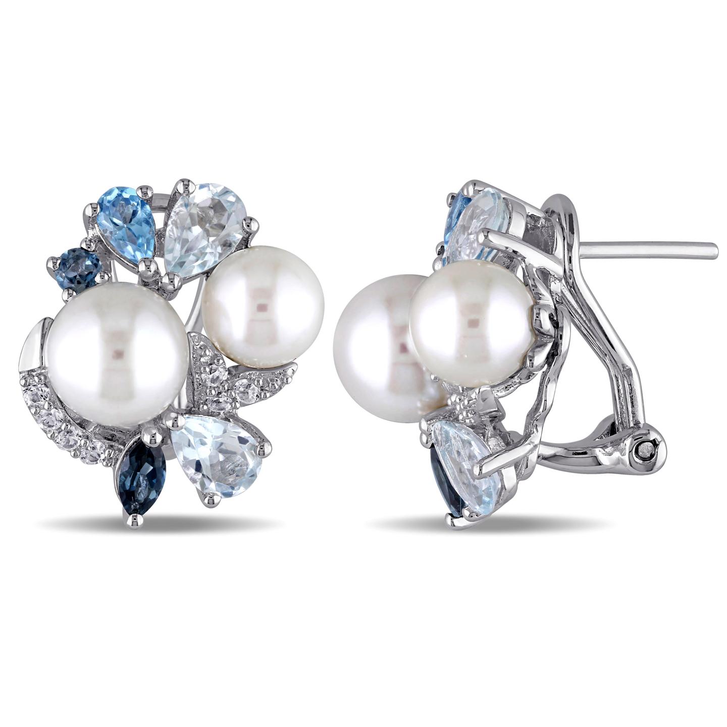 Julianna B Sterling Silver Pearl Created Sapphire Blue & White Topaz Earrings