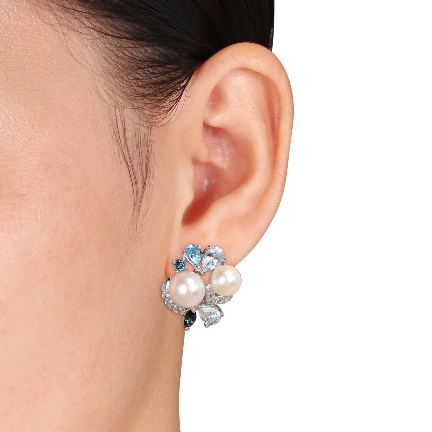 Julianna B Sterling Silver Pearl Created Sapphire Blue & White Topaz Earrings
