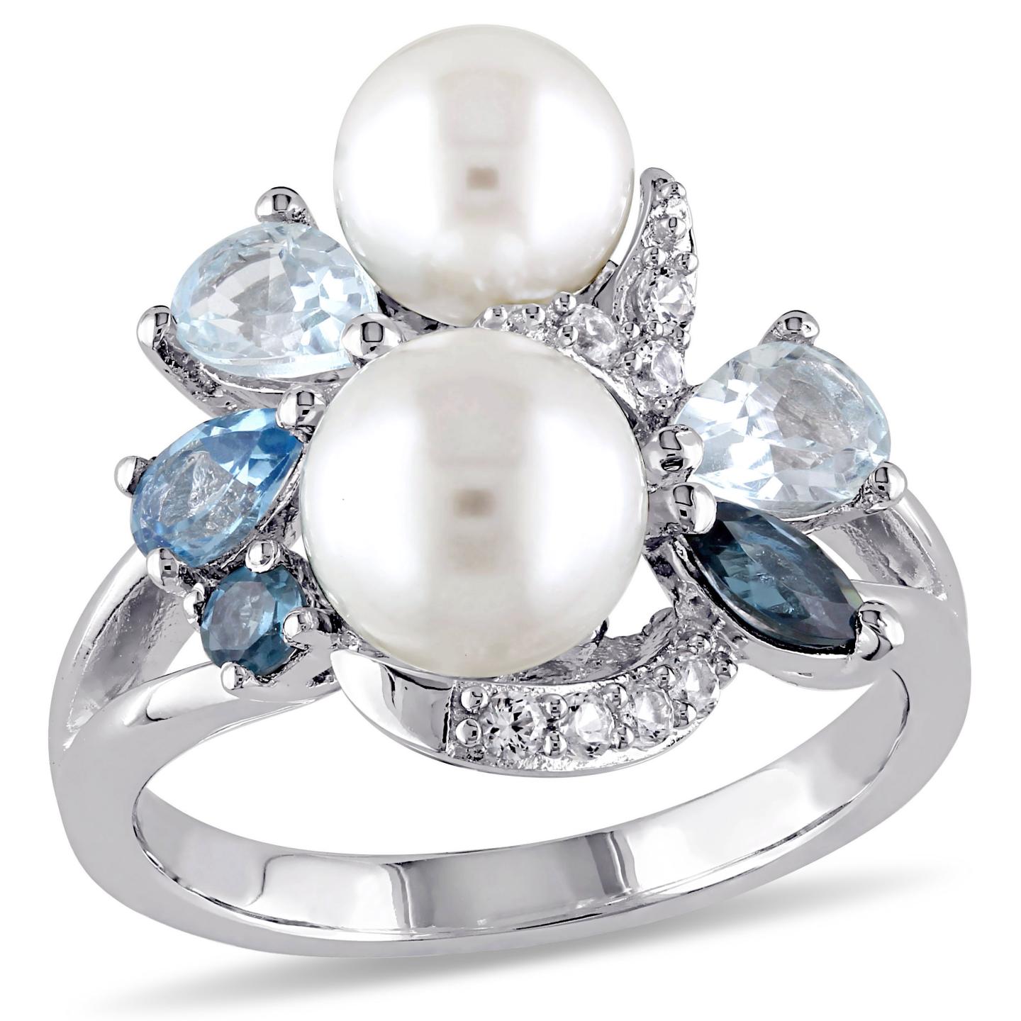 Julianna B Sterling Silver Pearl Created White Sapphire Blue & Topaz Ring