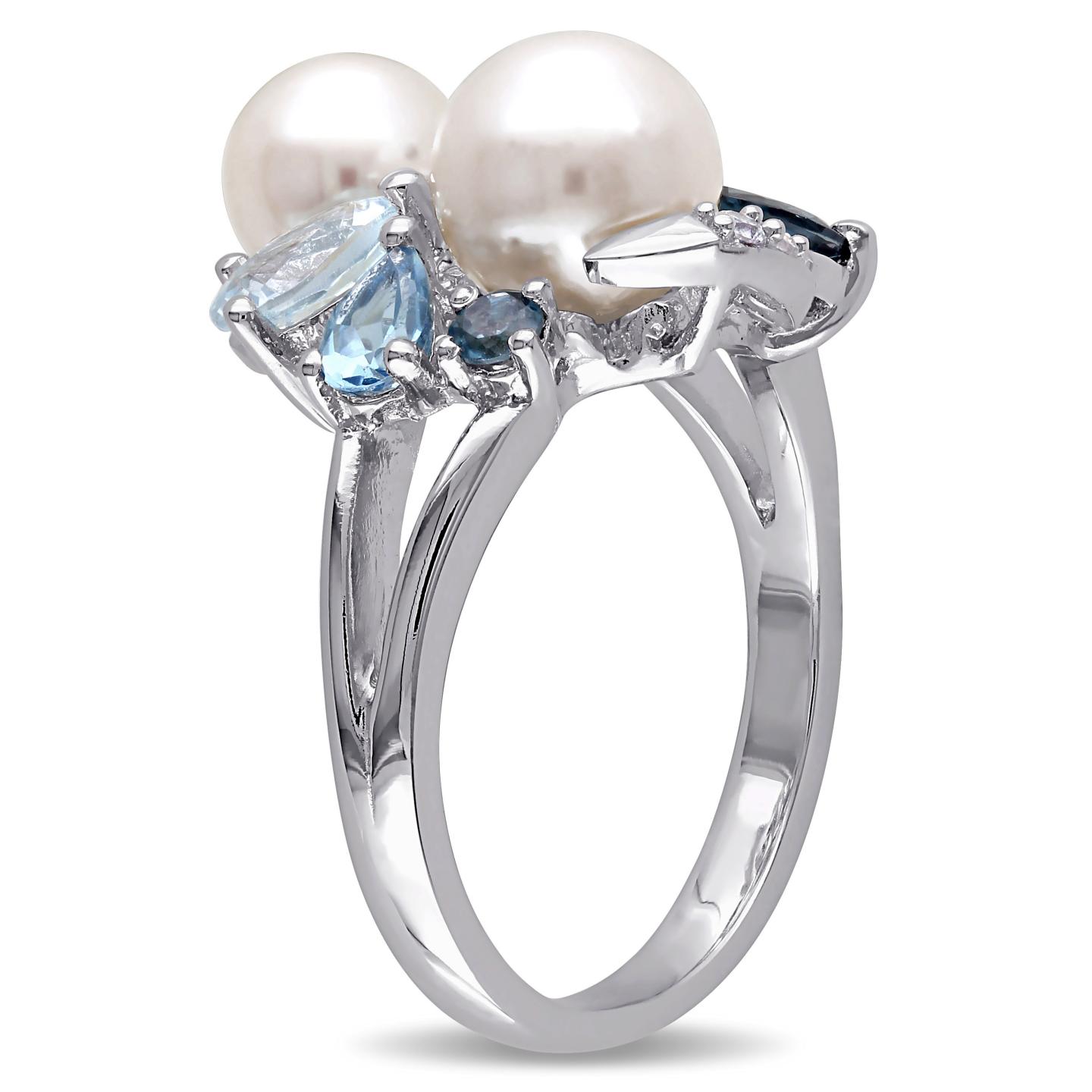 Julianna B Sterling Silver Pearl Created White Sapphire Blue & Topaz Ring