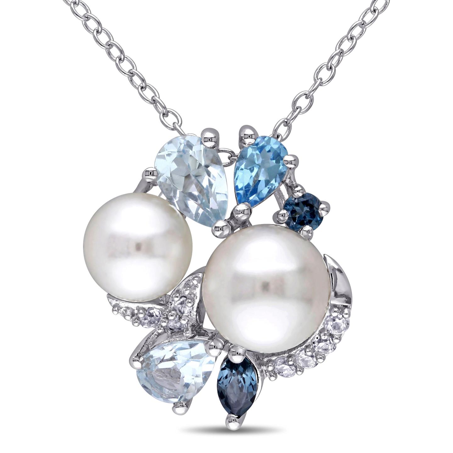 Julianna B Sterling Silver Pearl Created Sapphire Blue & White Topaz Pendant