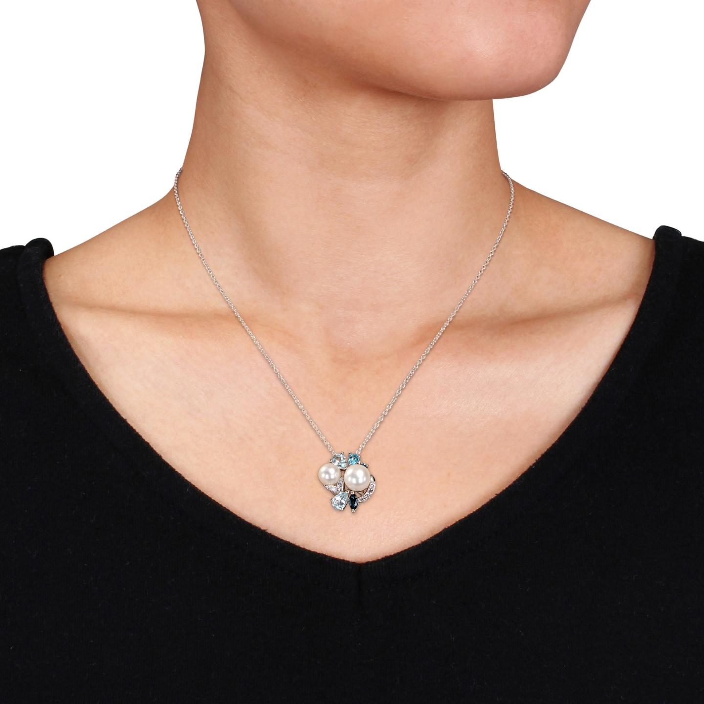 Julianna B Sterling Silver Pearl Created Sapphire Blue & White Topaz Pendant