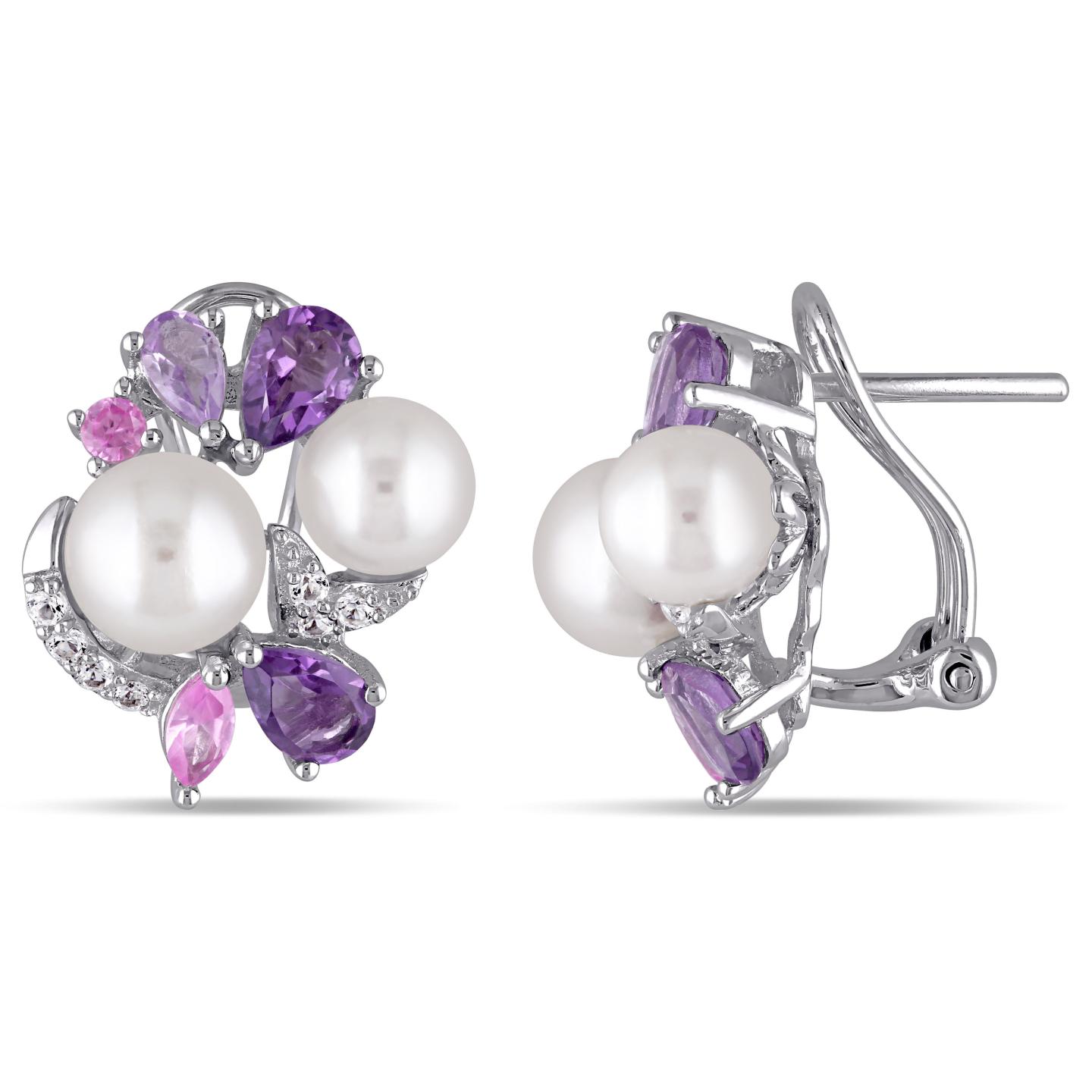 Julianna B Sterling Silver Pearl Amethyst Created White & Pink Sapphire Earrings