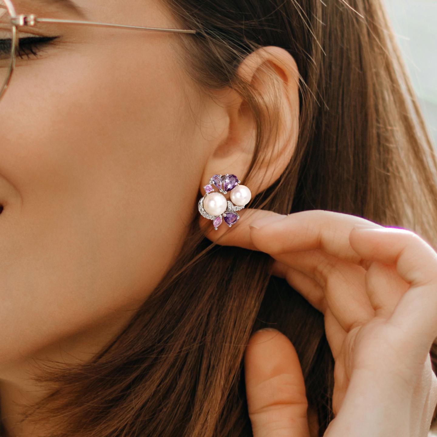 Julianna B Sterling Silver Pearl Amethyst Created White & Pink Sapphire Earrings