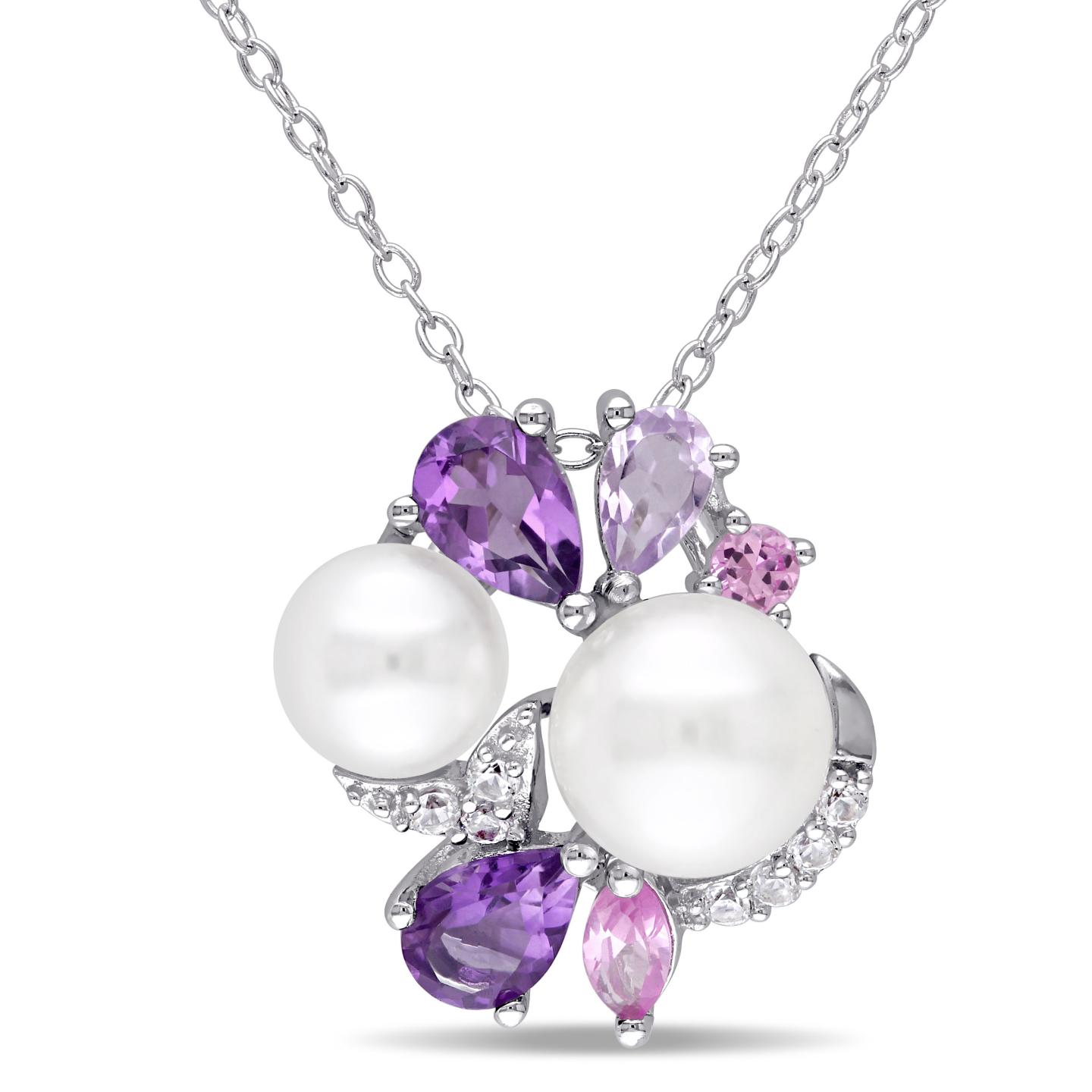 Julianna B Sterling Silver Pearl Amethyst Created White & Pink Sapphire Pendant