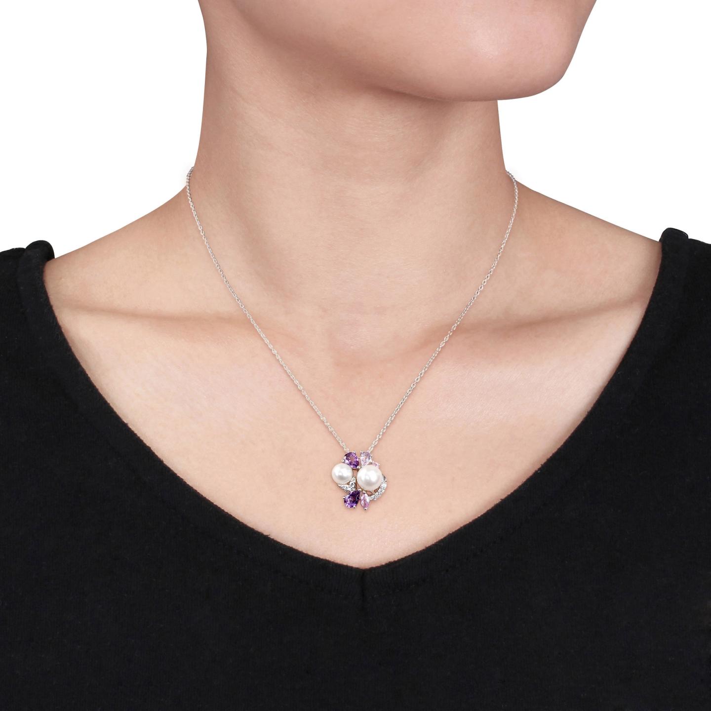 Julianna B Sterling Silver Pearl Amethyst Created White & Pink Sapphire Pendant