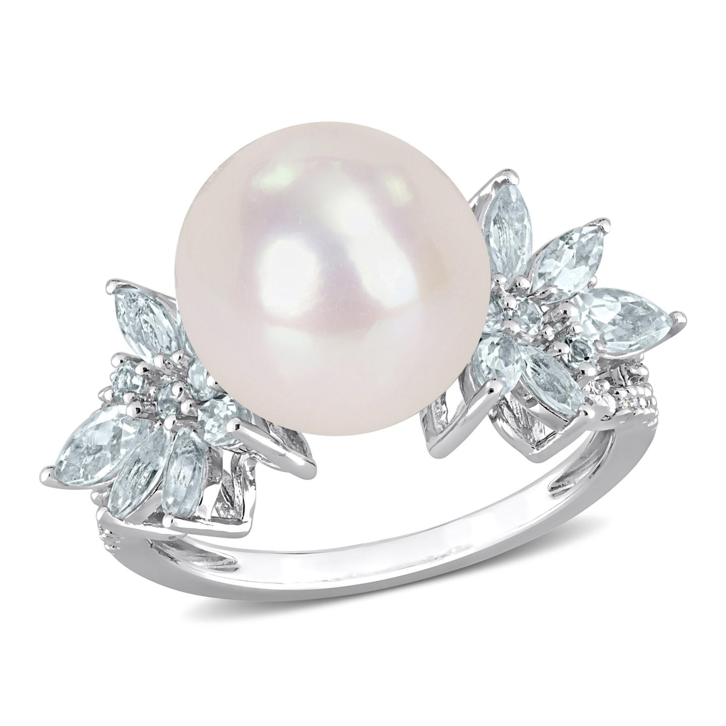 Julianna B Sterling Silver 11-12mm Pearl, Aquamarine & Diamond Ring