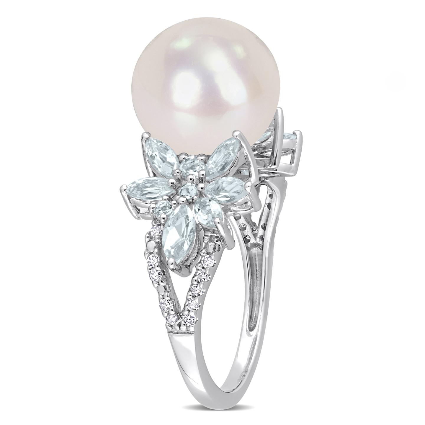 Julianna B Sterling Silver 11-12mm Pearl, Aquamarine & Diamond Ring