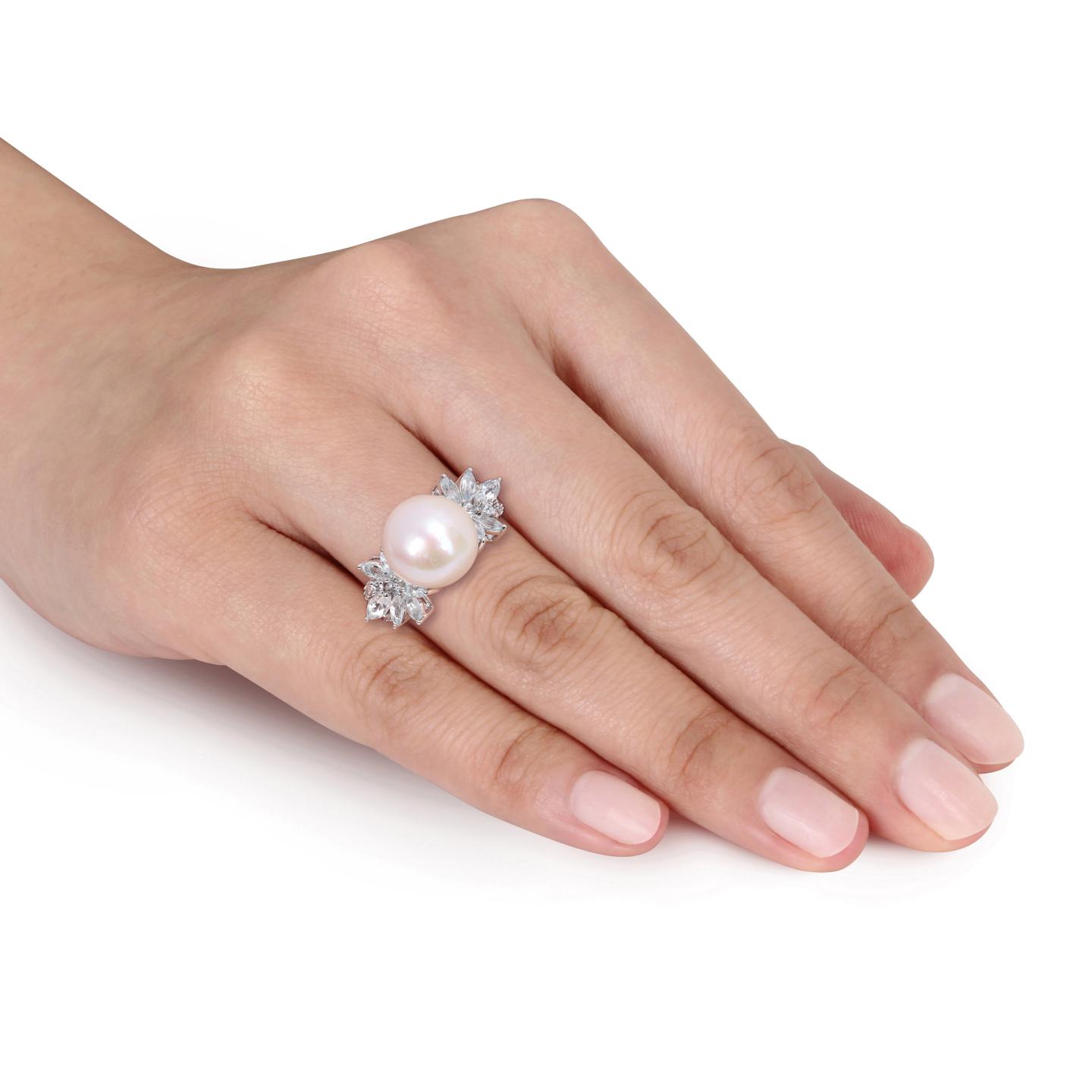 Julianna B Sterling Silver 11-12mm Pearl, Aquamarine & Diamond Ring