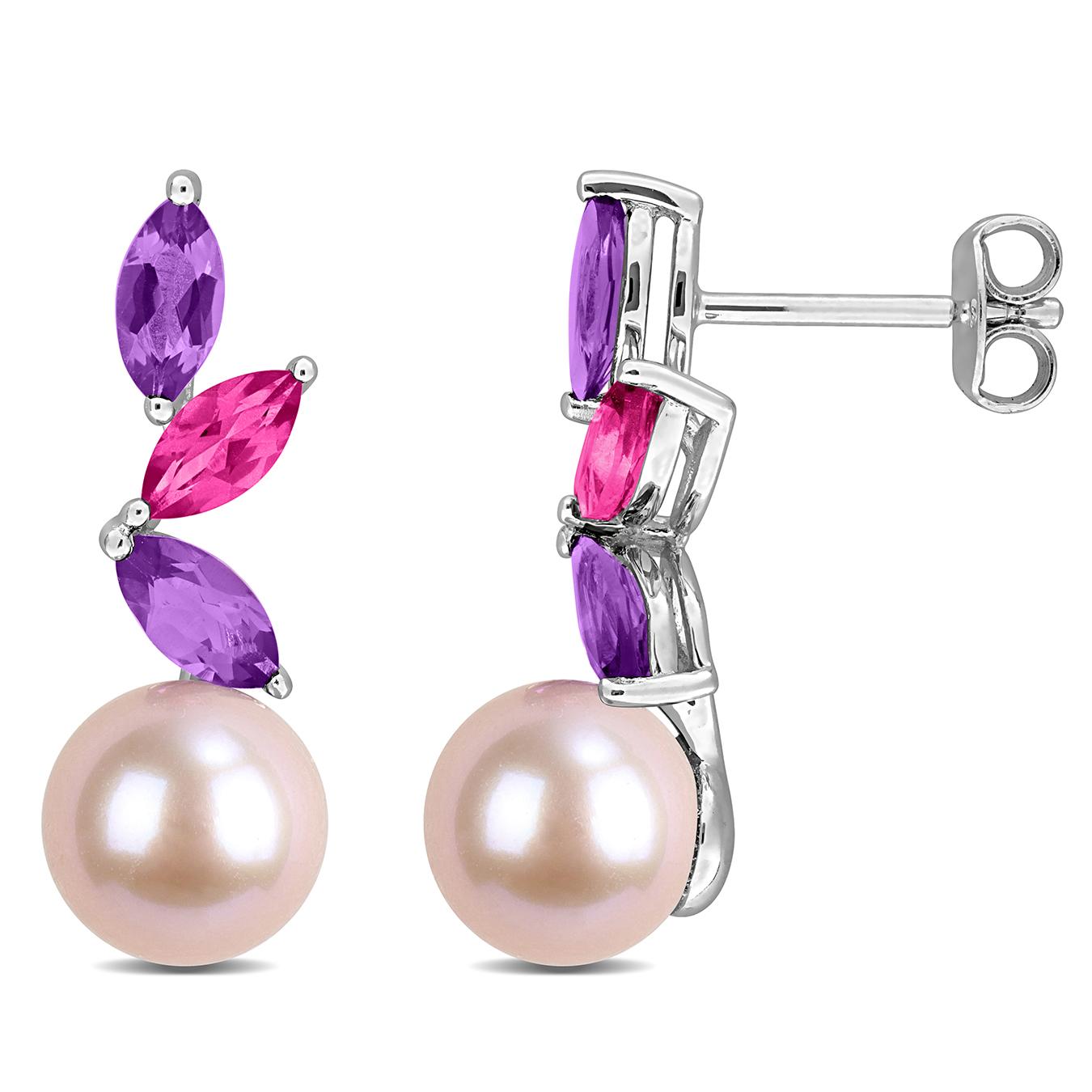 Julianna B Sterling Silver 7.5-8mm Pink Pearl, Amethyst & Pink Topaz Earrings