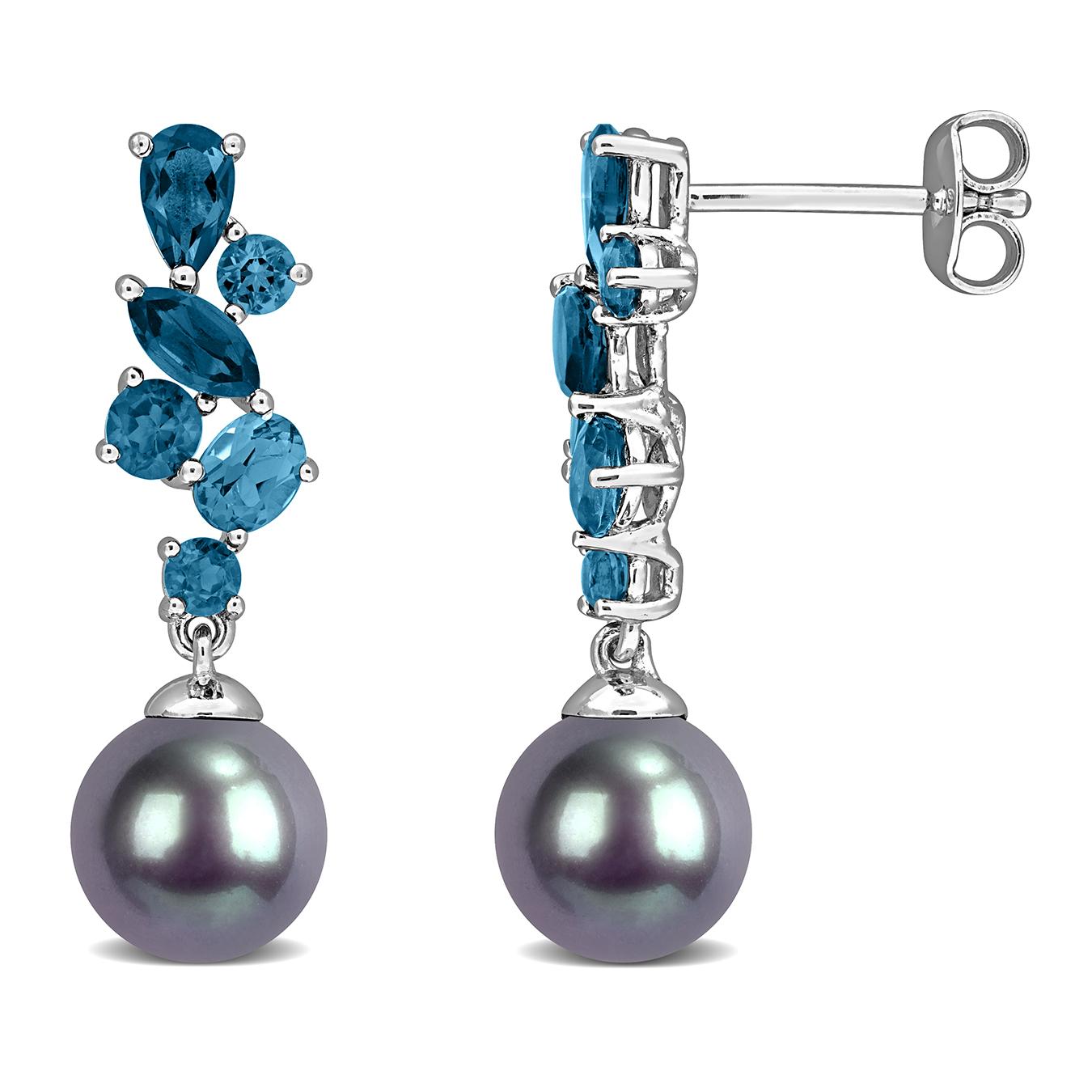 Julianna B Sterling Silver 8-8.5mm Tahitian Pearl & Blue Topaz Earrings