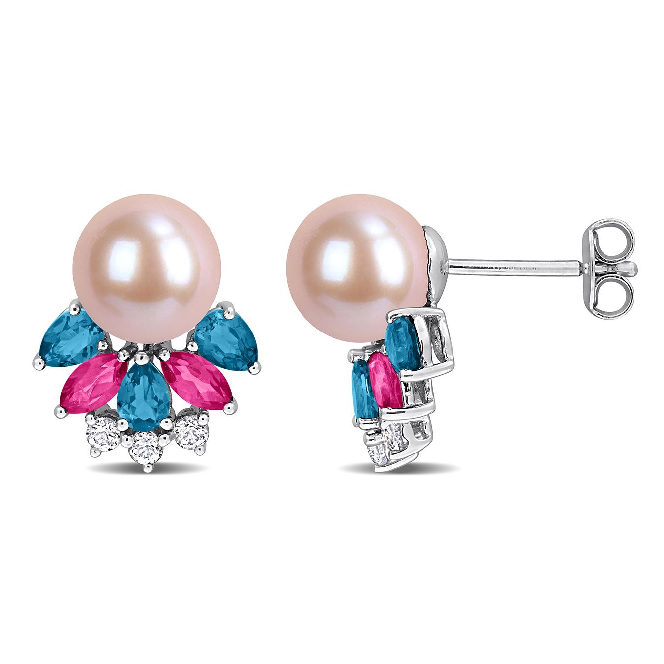 Julianna B Sterling Silver 8-8.5mm Pink Pearl & Multicolour Topaz Earrings