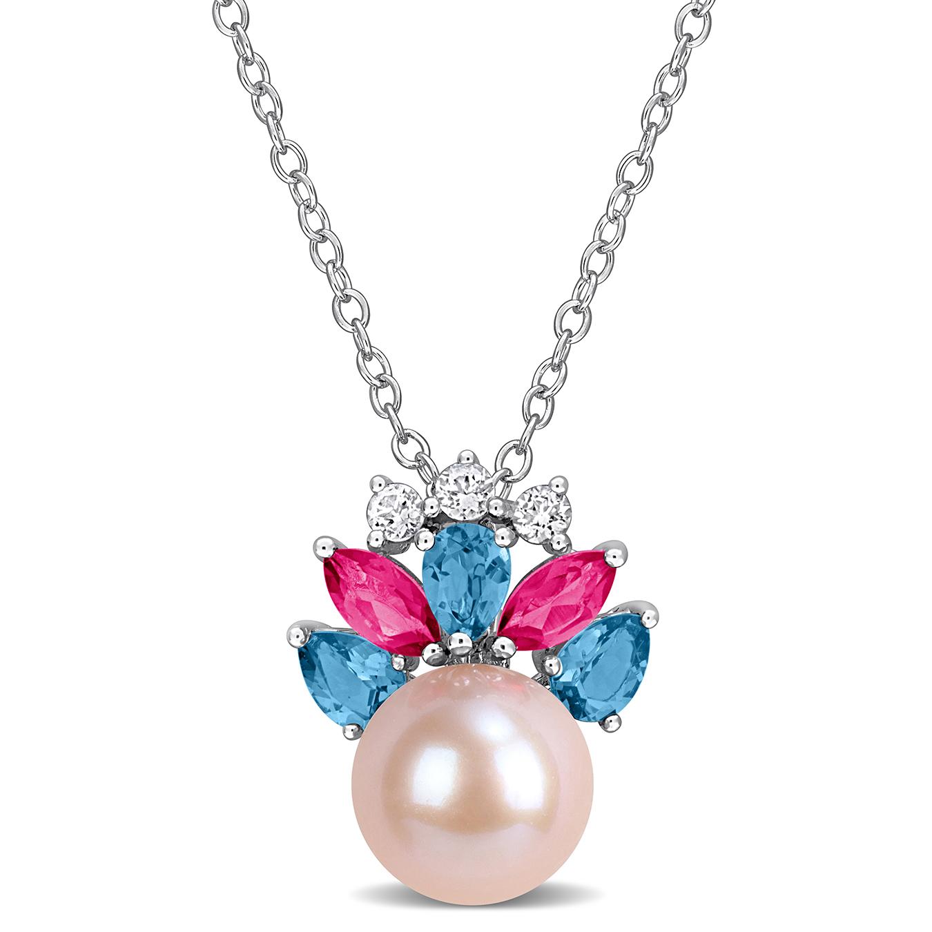 Julianna B Sterling Silver 8-8.5mm Pink Pearl & Multicolour Topaz Pendant