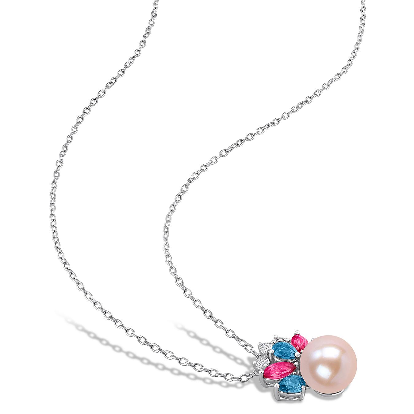 Julianna B Sterling Silver 8-8.5mm Pink Pearl & Multicolour Topaz Pendant