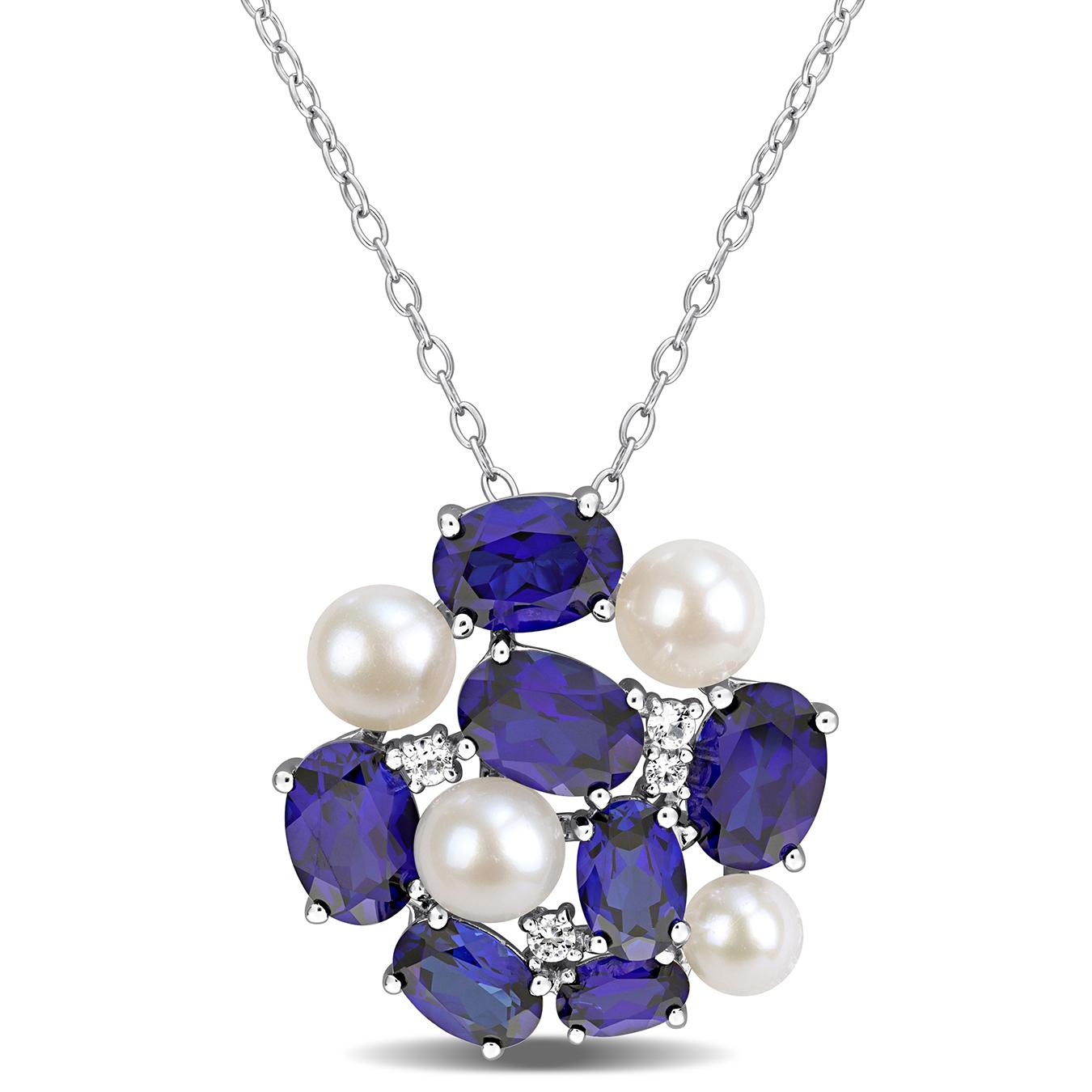 Julianna B Sterling Silver 4-5.5mm Pearl and Created Sapphire Pendant