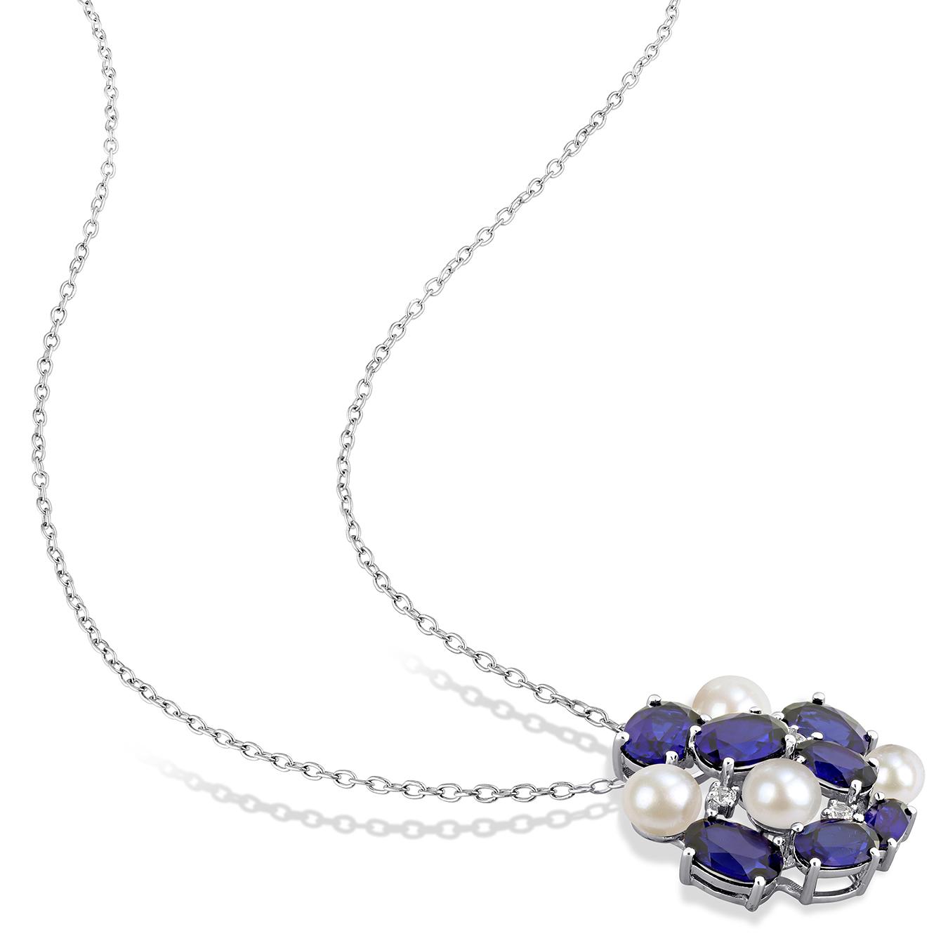 Julianna B Sterling Silver 4-5.5mm Pearl and Created Sapphire Pendant