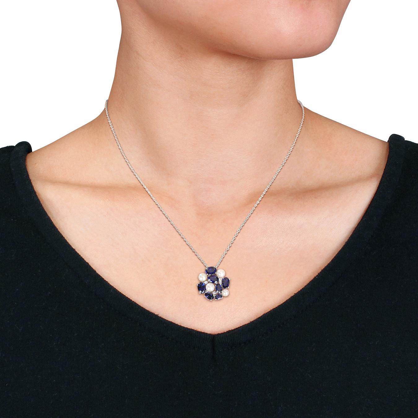 Julianna B Sterling Silver 4-5.5mm Pearl and Created Sapphire Pendant