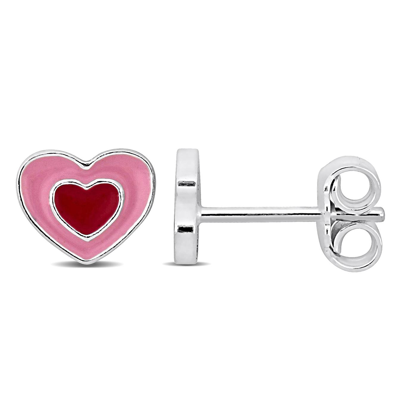 Julianna B Children's Sterling Silver Pink & Red Enamel Heart Earrings