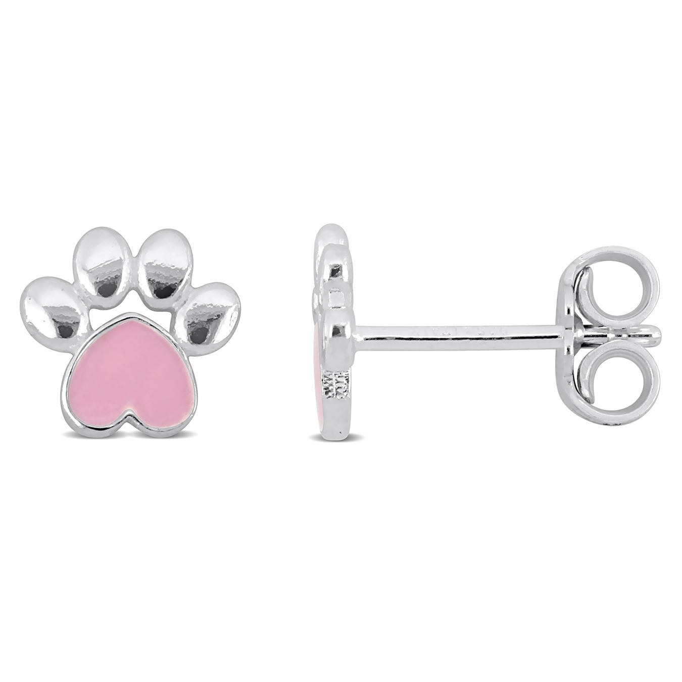 Julianna B Children's Sterling Silver Pink Enamel Paw Stud Earrings