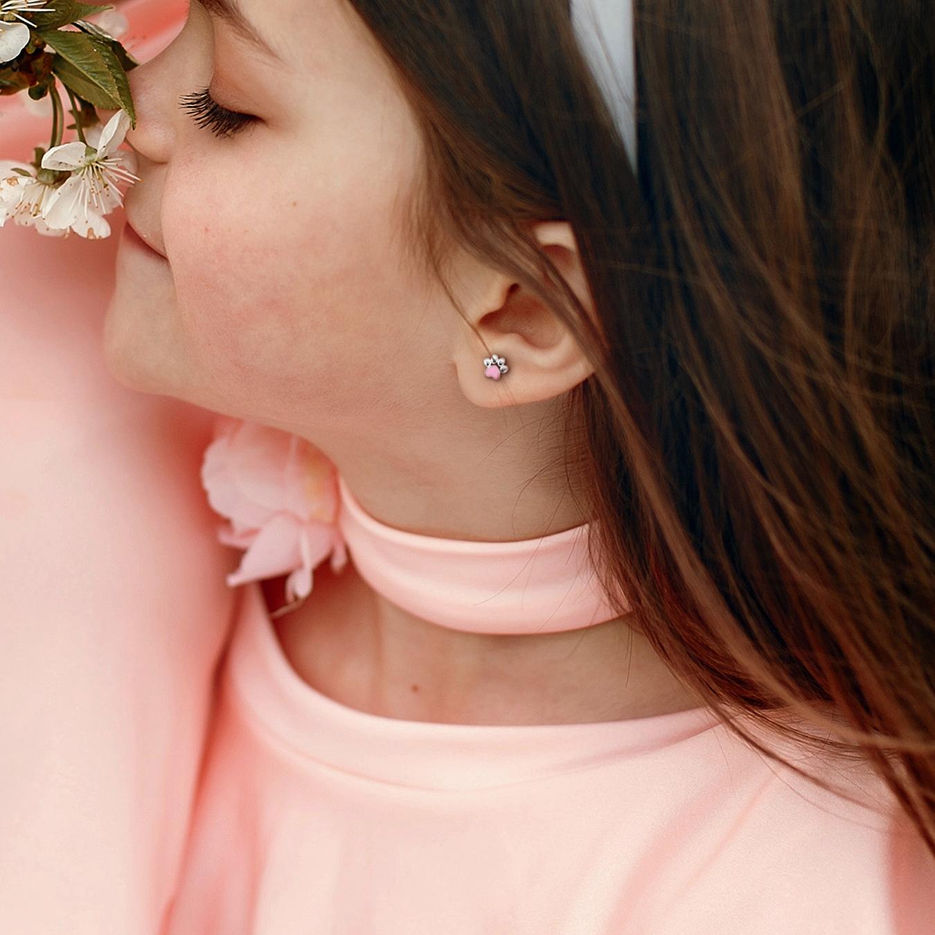 Julianna B Children's Sterling Silver Pink Enamel Paw Stud Earrings