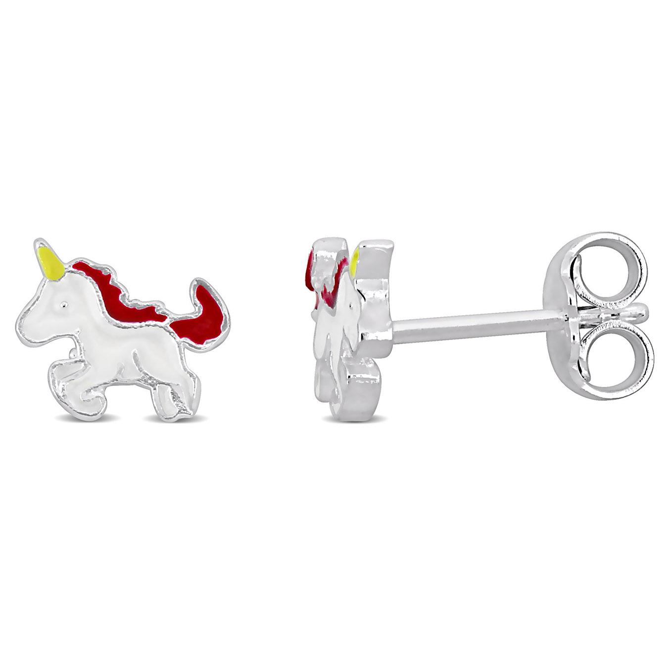 Julianna B Children's Sterling Silver Pink & White Enamel Unicorn Stud Earrings