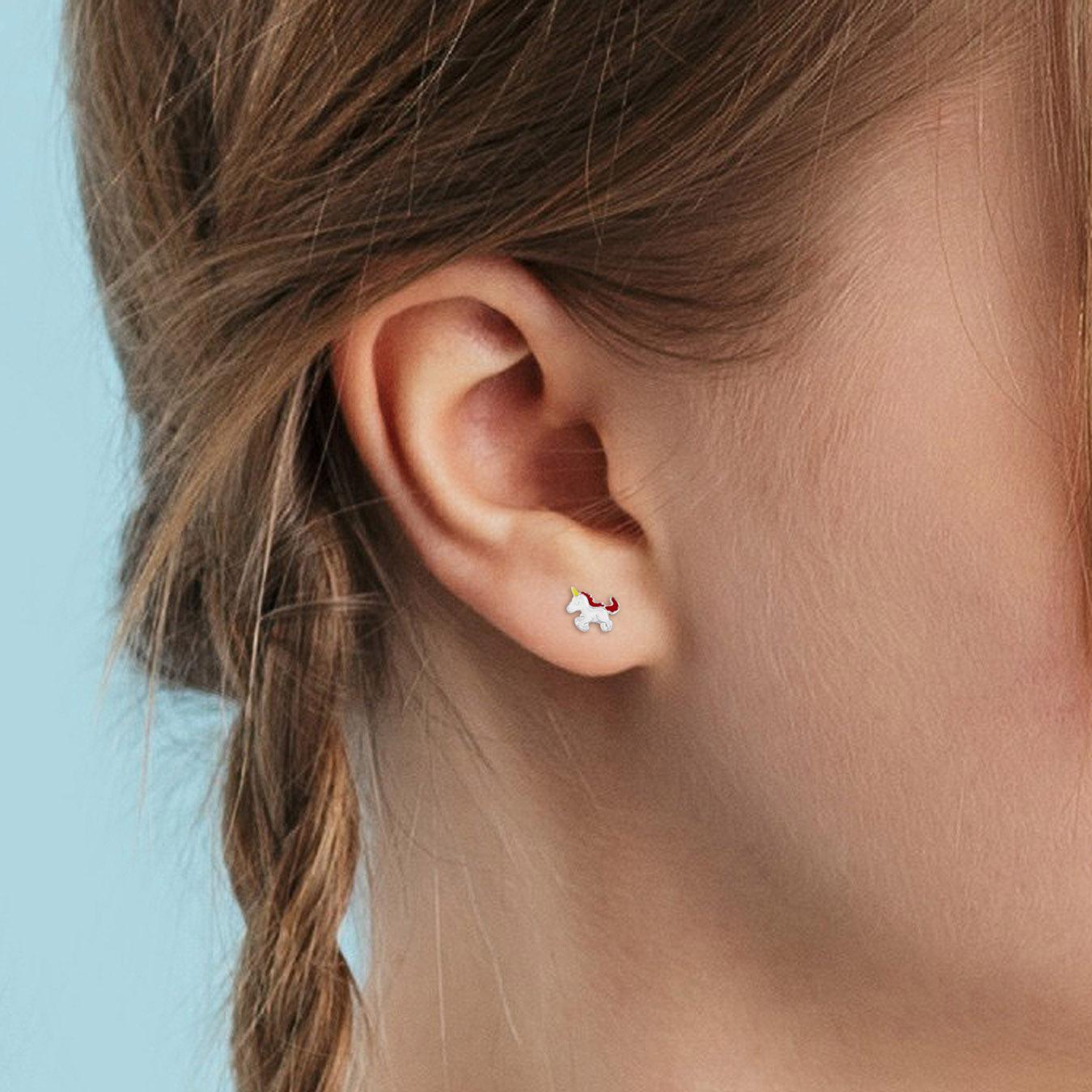 Julianna B Children's Sterling Silver Pink & White Enamel Unicorn Stud Earrings