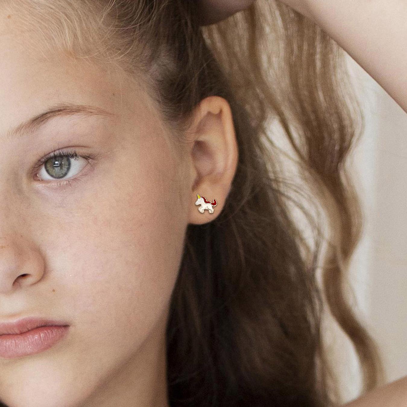 Julianna B Children's Sterling Silver Pink & White Enamel Unicorn Stud Earrings