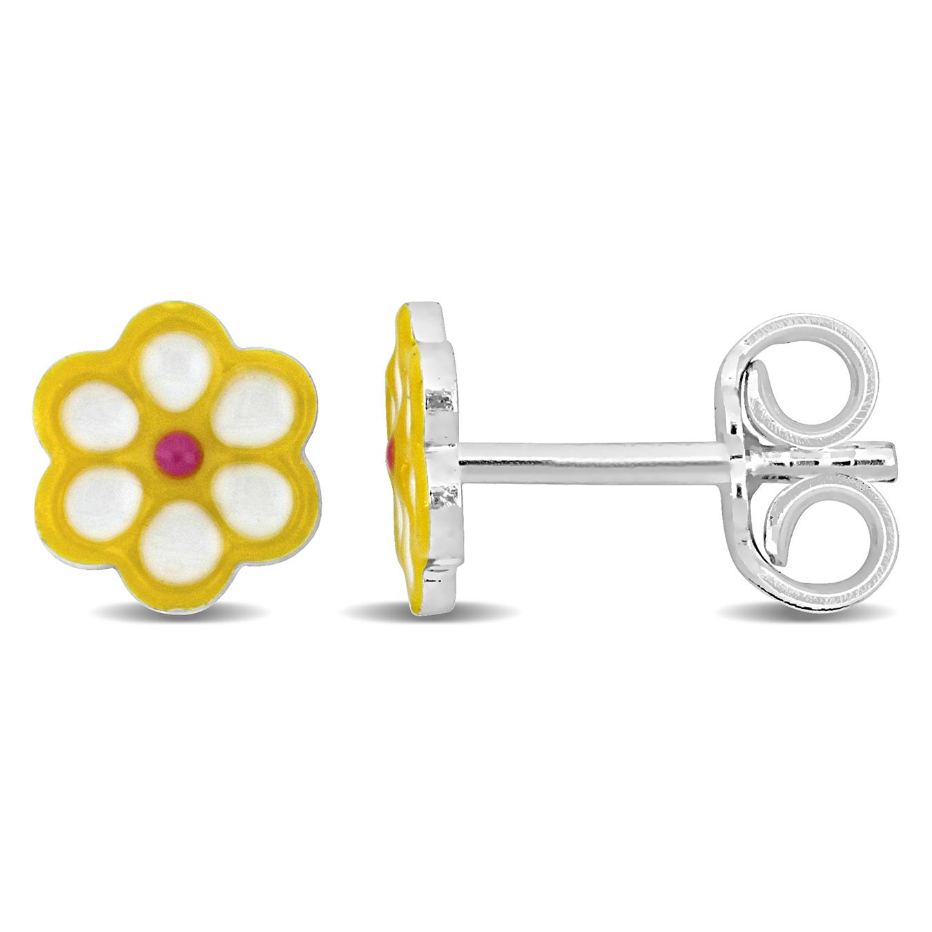Julianna B Children's Sterling Silver Yellow Enamel Flower Stud Earrings
