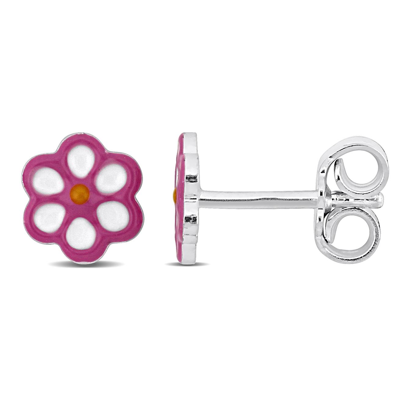 Julianna B Children's Sterling Silver Pink Enamel Flower Stud Earrings