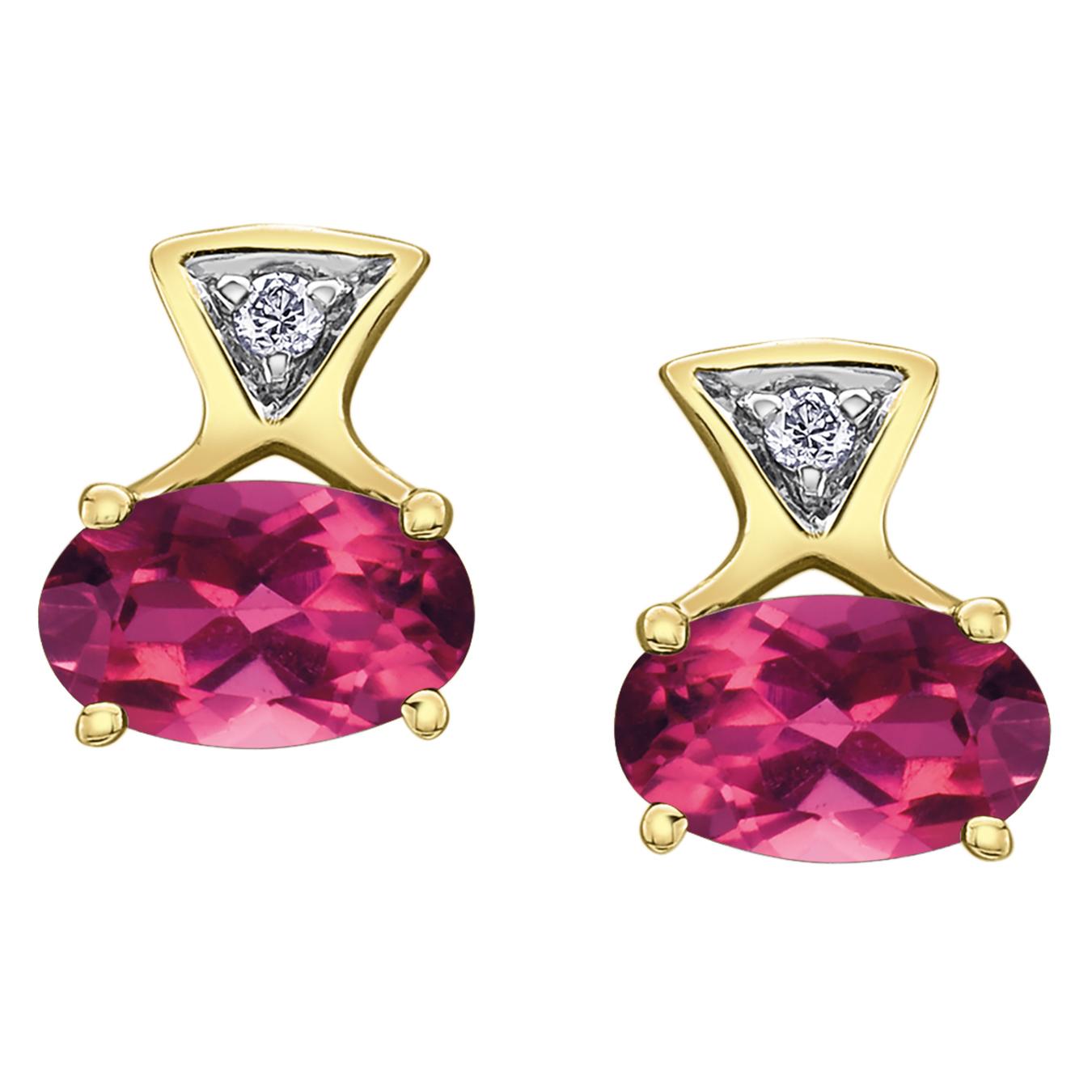 10K Yellow Gold Pink Tourmaline & Diamond Earrings