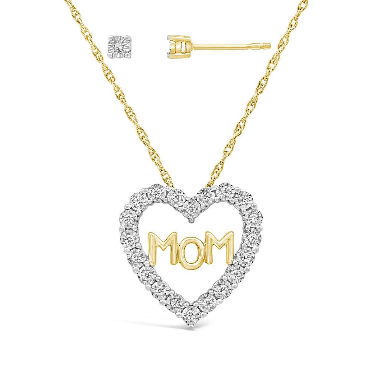 Lab Grown 0.10CTW Mom Diamond Pendant & Earring Set in 18K Yellow Gold Vermeil