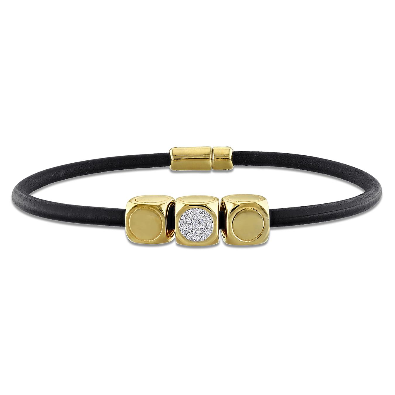 Julianna B Yellow Plated Sterling Silver Diamond and Black Leather Bracelet 8"