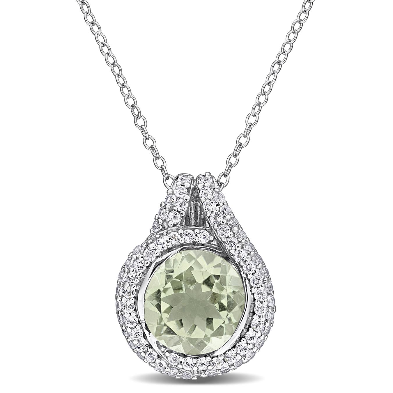 Julianna B Sterling Silver Green Quartz & White Topaz Halo Pendant 17"