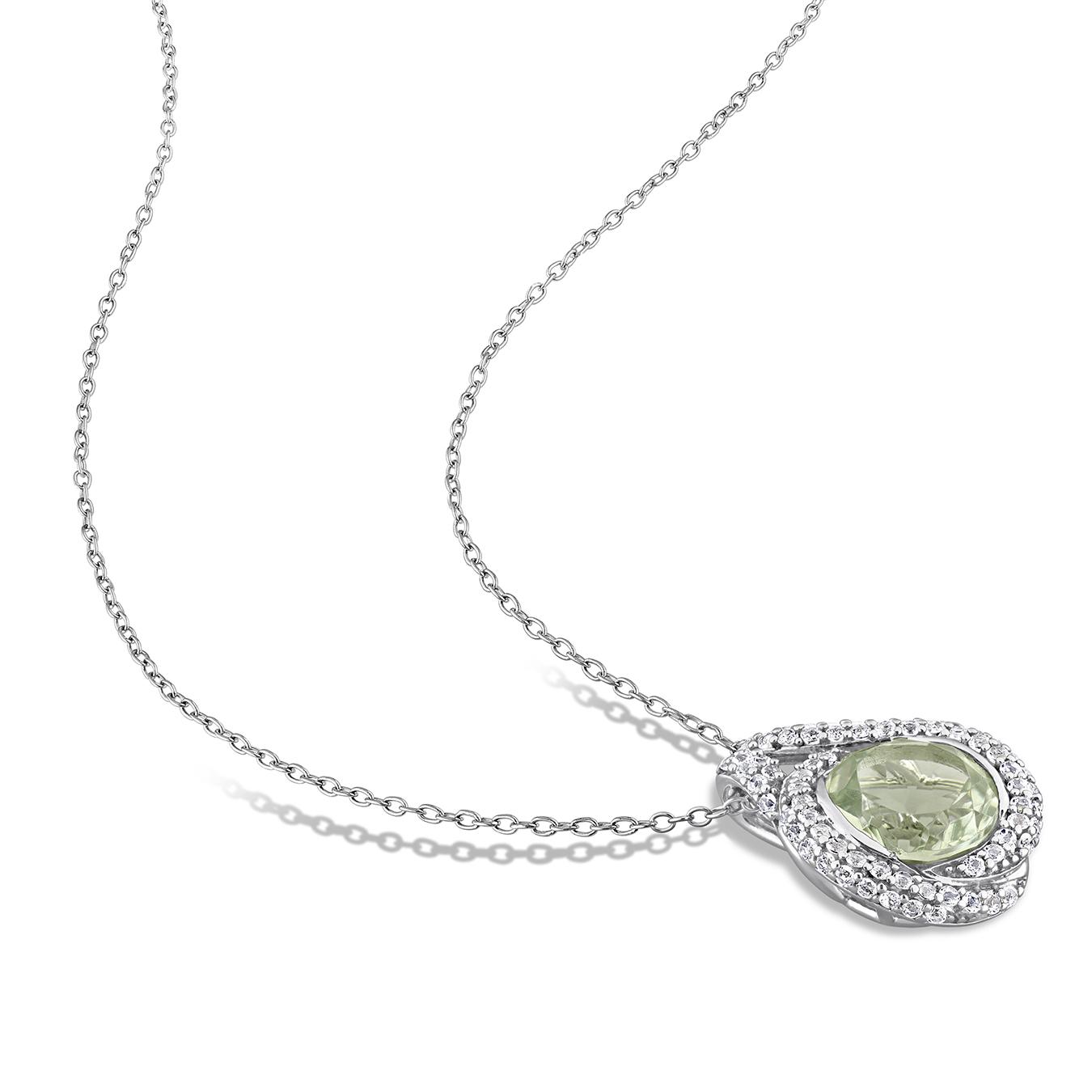 Julianna B Sterling Silver Green Quartz & White Topaz Halo Pendant 17"