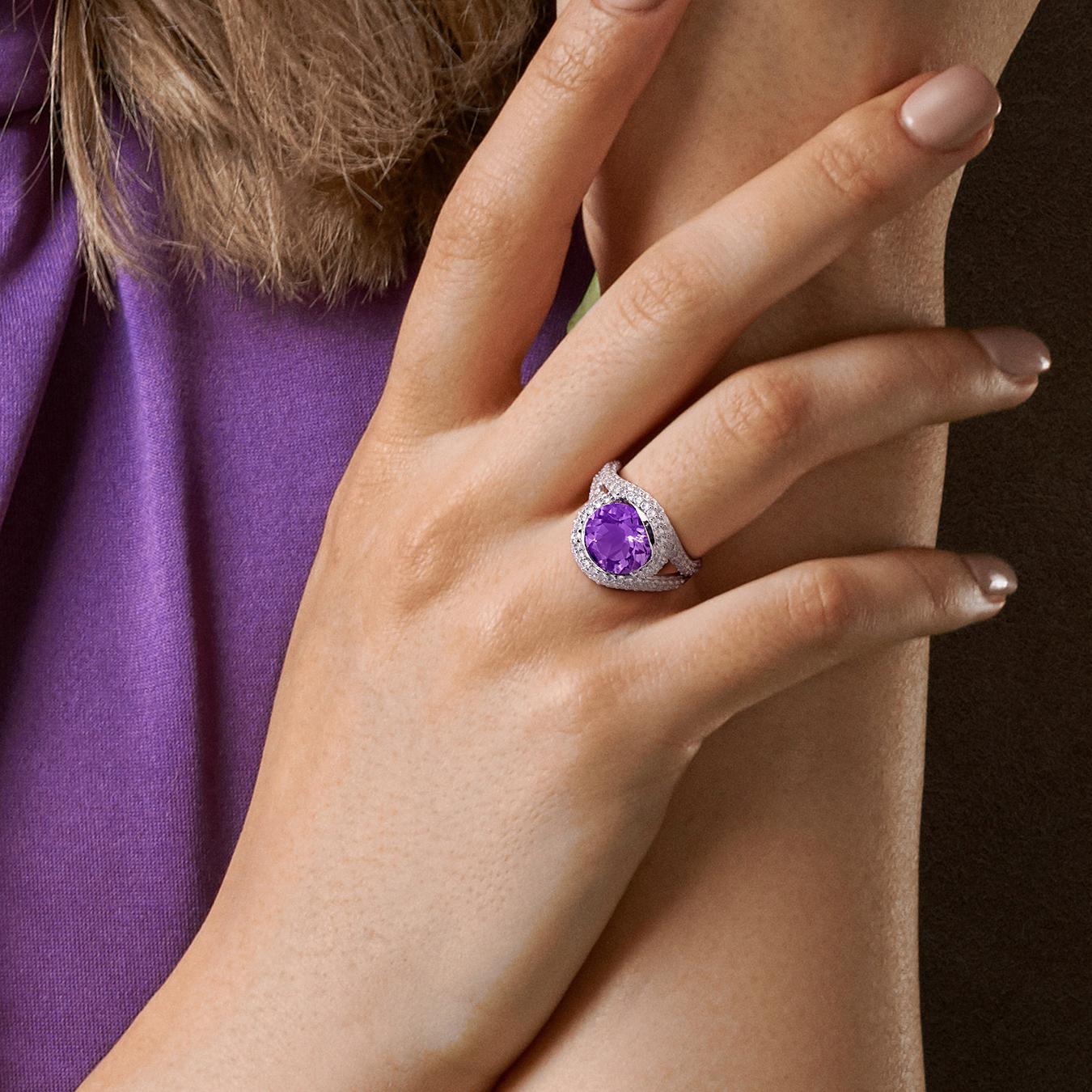 Juilanna B Sterling Silver Amethyst and White Topaz Cocktail Ring