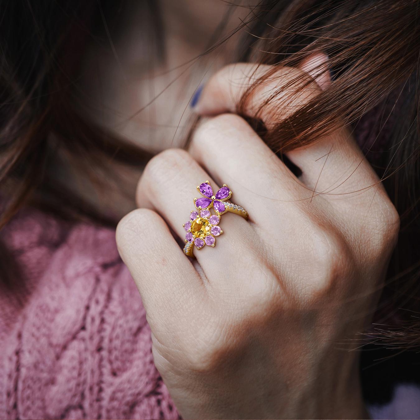 Julianna B Yellow Plated Amethyst & White Topaz Flower Ring