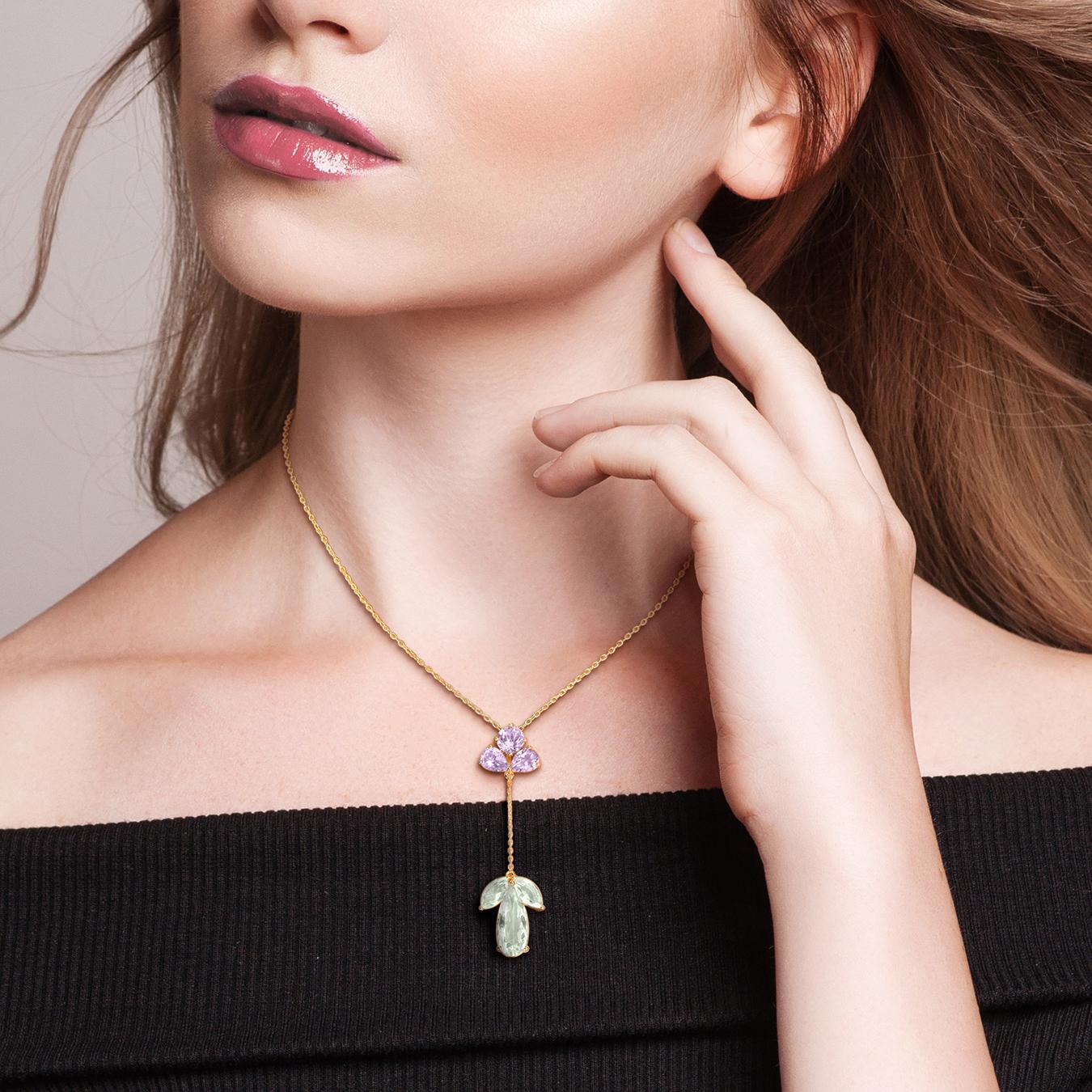 Julianna B Yellow Plated Sterling Silver Amethyst & Green Quartz Pendant 17"