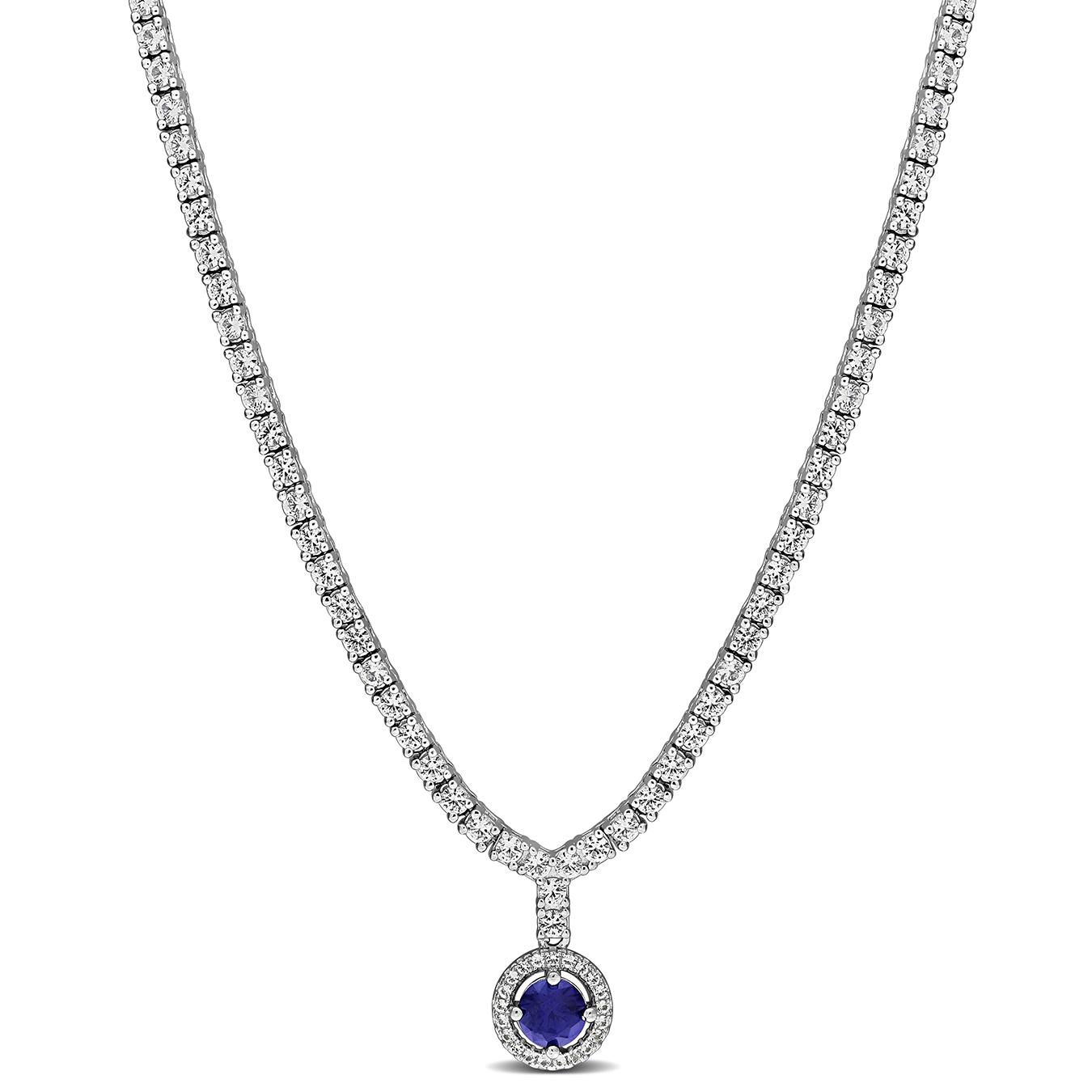 Julianna B Sterling Silver Created Blue & Created White Sapphire Necklace 16"+2"