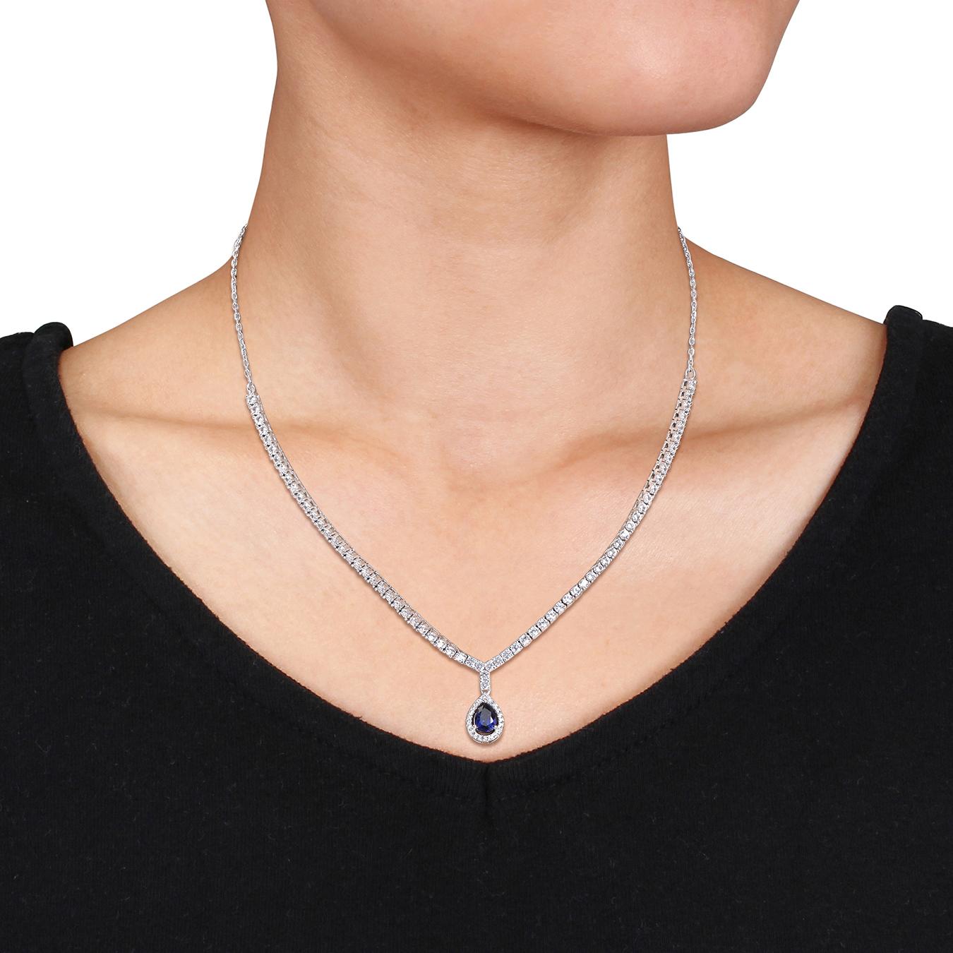 Julianna B Sterling Silver Created Blue & Created White Sapphire Necklace 16"+2"