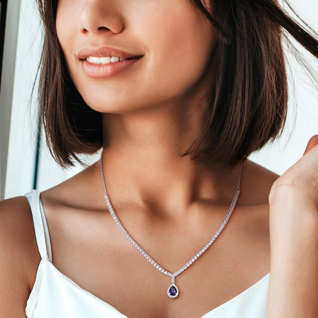 Julianna B Sterling Silver Created Blue & Created White Sapphire Necklace 16"+2"