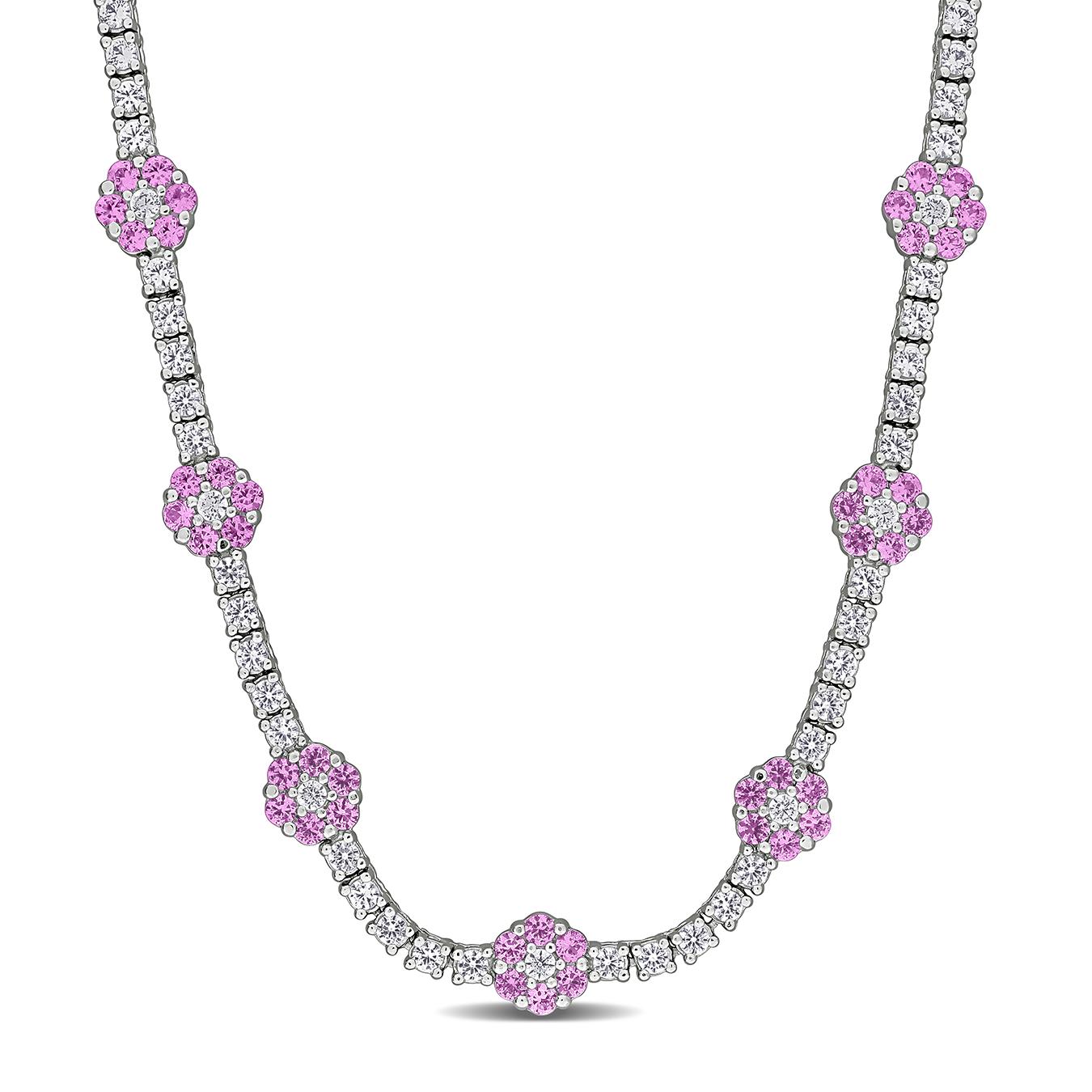 Julianna B Sterling Silver Created Pink & Created White Sapphire Necklace 16"+2"